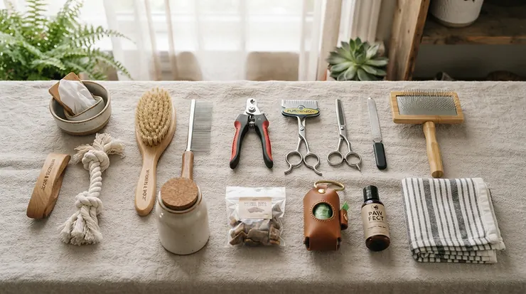 A complete home grooming kit featuring guillotine vs scissor dog nail clippers on a cozy blanket.