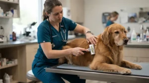 A veterinarian illustrating proper guillotine clipper technique for dogs during a clinic visit in Canada.