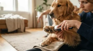 Demonstrating the pros and cons of guillotine vs scissor dog nail clippers with a retriever paw in a living room.