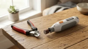 A side-by-side display of guillotine vs scissor dog nail clippers on a wooden table, useful for Canadian pet owners choosing tools.