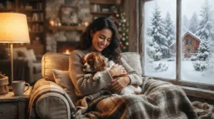 Using the quietest dog nail grinder on a small terrier during a snowy Canadian winter evening to maintain stress-free pet care.