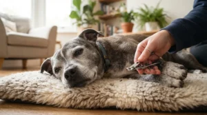Careful nail trimming for senior dogs using gentle plier-style dog nail clippers on a cozy dog bed.