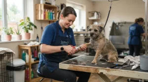 A professional groomer in a Toronto salon using sturdy plier-style dog nail clippers.