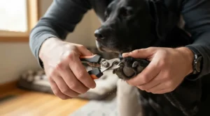 A pet owner in Vancouver using plier-style dog nail clippers to trim thick nails on a golden retriever.