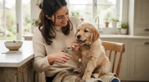 Introducing a young puppy to grooming routines with treats and the quietest dog nail grinder to prevent future anxiety.