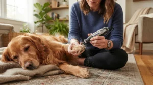 A calm golden retriever relaxing while someone uses the quietest dog nail grinder during at-home grooming in a cozy Canadian living room.