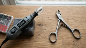 Demonstration showing the safety features of an electric dog nail grinder compared to traditional clippers.
