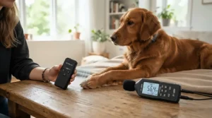 Demonstrating how the quietest dog nail grinder operates softly near a calm dog, highlighting low decibel levels for nervous pets.